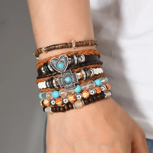 Bohemian multi-layer handmade beaded bracelet set with turquoise heart and cross charms