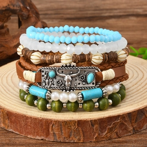 Bohemian multi-layer turquoise bead bracelet set with vintage silver bull head charm