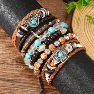 6pcs bohemian beaded bracelet set featuring heart and cross charms on a display stand