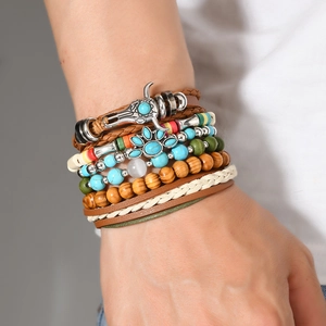 Multilayer bohemian beaded bracelet set with bull head charm and turquoise accents