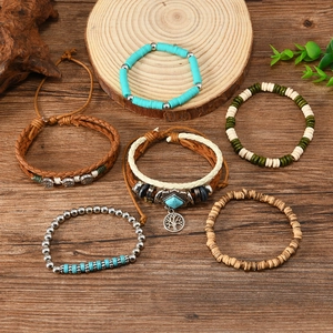 Bohemian 6-piece turquoise beaded bracelet set with vintage tree of life charms