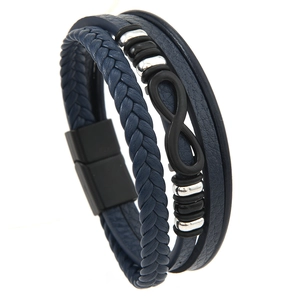 Bracelet multicouche pour homme en cuir tressé bleu marine avec symbole infini en métal