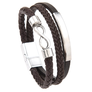 Men's multi-layer brown braided leather bracelet with silver infinity symbol and magnetic clasp