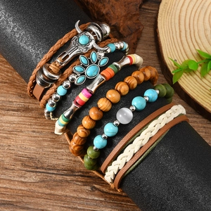 Bohemian multi-layer handmade beaded bracelet set with vintage bull head and charms