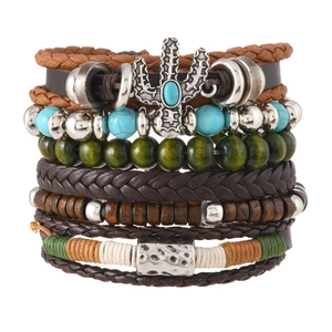 Bohemian multi-layer leather bracelet set with wooden beads and turquoise cactus charm