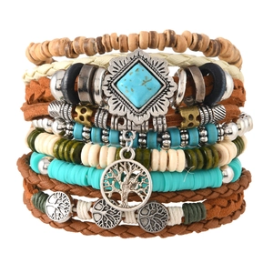 6-piece bohemian multilayer beaded turquoise bracelet set with tree of life charms