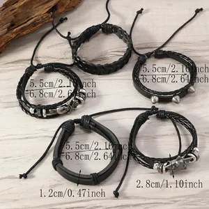5-piece men's punk skull leather bracelet set with woven straps and metal studs
