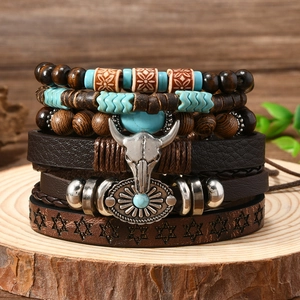 Vintage Leather Braided Multilayer Bracelet For Men Women Boho Bull Head Turquoise Wood Bead Handmade Tribal Jewelry