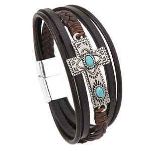 Multilayer dark brown braided leather bracelet with a silver turquoise cross charm