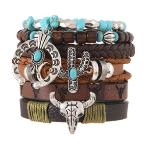 Bohemian multi-layer bracelet set featuring wooden beads, cactus and bull head charms