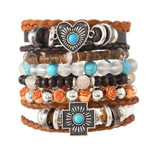 Bohemian multi-layer bracelet set with heart, cross charms and blue turquoise beads