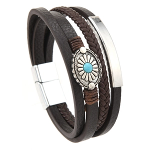 Men's multi-layer braided leather bracelet with turquoise stone and magnetic buckle