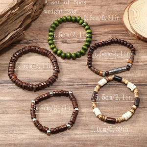 5-piece bohemian set of multi-layer wood and coconut shell beaded elastic bracelets