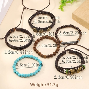 Bohemian 6pcs set with blue turquoise, wooden beads and leather butterfly charms