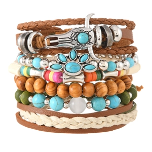 Bohemian multilayer beaded bracelet set with vintage bull head and turquoise accents