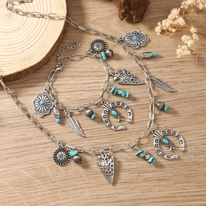 Boheems Legering Kunstmatige Turkoois Sieradenset Retro Antiek Zilver Kleur Blad Veer Hanger Ketting En Armband Set Voor Vrouwen