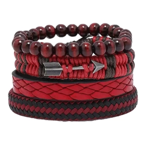 Multilayer leather bracelet set with vintage metal arrow and woven beads for men