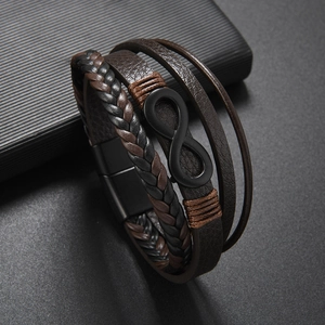 Multilayer leather wrap bracelet for men with black infinity symbol and magnetic clasp