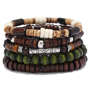 Five-piece Bohemian set with coconut shell, wood beads, and carved metal tubes