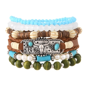 Bohemian multilayer beaded bracelet set with turquoise stones and vintage bull head charm