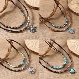 Bohemian Vintage Double Layer Necklace For Women Retro Ethnic Style Alloy Artificial Turquoise Pendant Handmade Braided Wax Rope Jewelry Gift