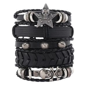Men's punk multilayer leather bracelet set with skull charms and star studs
