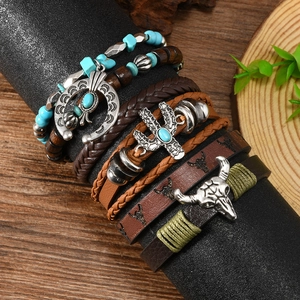 Bohemian multilayer leather bracelet set with wooden beads and bull skull charms