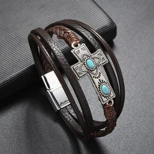 Mens vintage multi-layer leather bracelet with cross and turquoise stone inlay