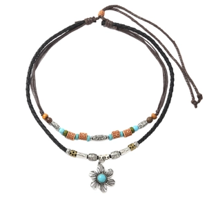 Bohemian double-layer woven necklace with turquoise beads and floral silver pendant