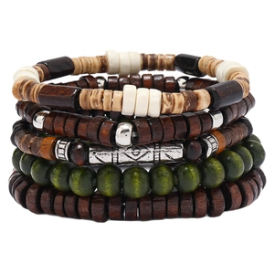 Bohemian multilayer wood bead bracelet set with coconut shell and silver metal accents