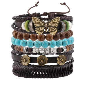 6pcs bohemian multilayer beaded bracelet set with turquoise butterfly and flower charms