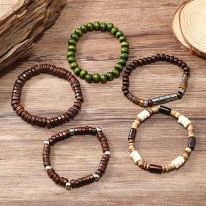Five-piece bohemian multilayer beaded stretch bracelets set with natural wood and coconut shells