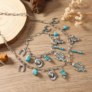Bohemian Western Cowboy Alloy Jewelry Set Antique Silver Turquoise Cactus Moon Lucky Horseshoe Necklace Bracelet For Women