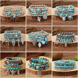 Bohemian Multilayered Beaded Bracelet With Artificial Turquoise Wood Beads Alloy Cactus Heart Feather Charms Vintage Ethnic Elastic Jewelry For Women Men