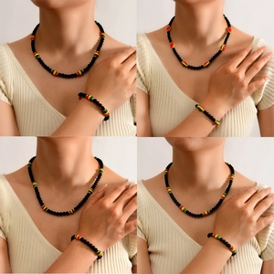 Handmade Hematite Beaded Necklace And Bracelet Combination Rasta Reggae Style Bohemian Ethnic Jewelry For Women Daily Party
