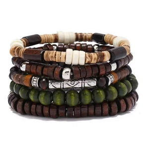 Five-piece bohemian stacked stretch bracelet set with ethnic wood beads and silver metal tube
