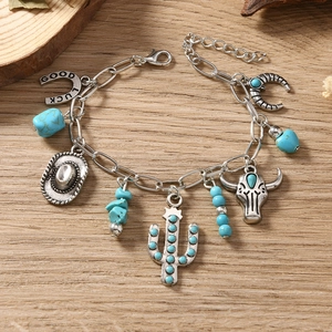 Western style silver charm bracelet with cactus, turquoise and horseshoe pendants