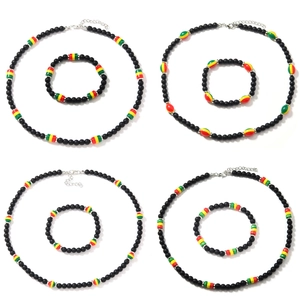 Bohemian colorful beaded choker and bracelet set with Rasta red, yellow, and green accents