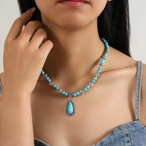 Bohemian Turquoise Beaded Necklace For Women Vintage Silver Alloy Water Drop Pendant Ethnic Choker Vacation Jewelry Gift