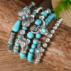 Bohemian multilayer turquoise bead bracelet set with butterfly and bull head charms