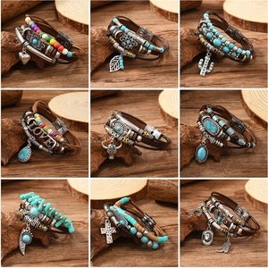 Bohemian Multilayer Leather Bracelet For Men Women Vintage Alloy Turquoise Charm Cowboy Hat Leaf Feather Bead Wristband