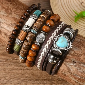 Set de 6 bracelets vintage en perles de bois et cuir pour hommes de style bohème