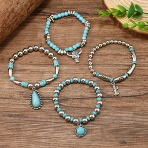 Bohemian stackable stretch bracelet set with turquoise beads and cactus pendants