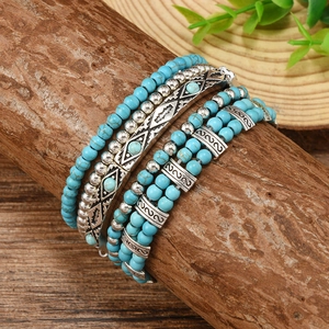 Bohemian multilayer turquoise beaded bracelet with silver geometric alloy charms