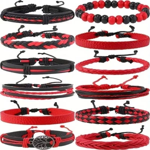 12-piece multilayer leather tree of life bracelets in classic red and black punk style