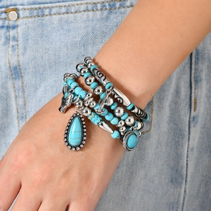 Bohemian multilayer turquoise bead bracelet set with cactus and bull pendants