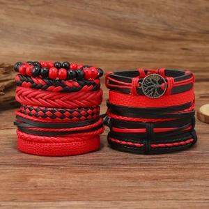 Vintage Tree of Life Multi-layer Leather Braided Bracelet Set Men Women Handmade Wax Cord Wood Bead Punk Wrap Jewelry