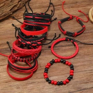 Multilayer leather tree of life bracelet set with red and black beads in retro ethnic style