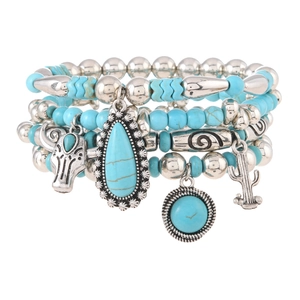 5-piece bohemian turquoise and wood bead stretch bracelet set with ethnic charms