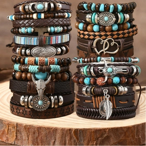 24pc Bohemian vintage beaded bracelet set with turquoise bull head and wood charms